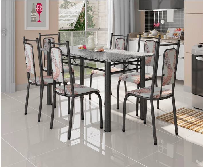 Conjunto De Mesa Miame Fabone Com 6 Cadeiras Madri Preto Prata Tribal