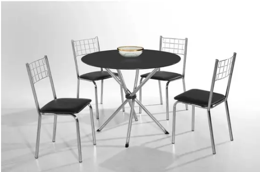 Conjunto de Mesa Redonda Com Tampo de Vidro 90 cm Preto Liz Laura Cromado com 4 cadeiras - Aço Nobre