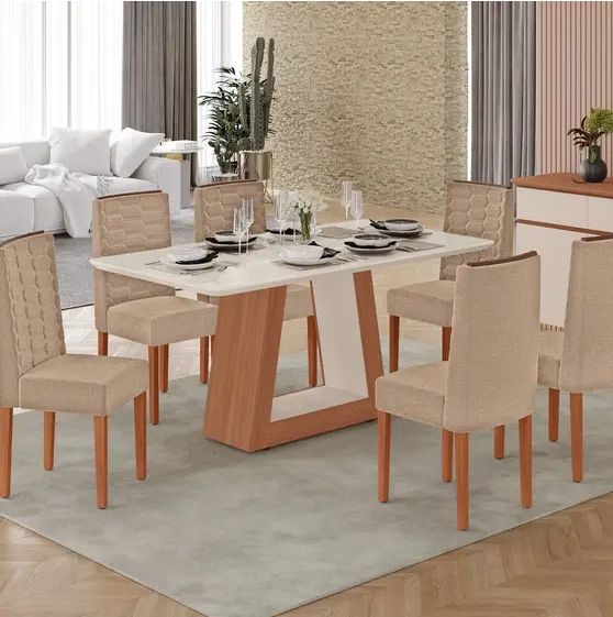 Mesa Tuboarte Heloise 6 Cadeiras 160x80 Coral Freijo/Off